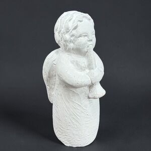 Isabel Bloom Angel with Horn Figurine White Gray Concrete Cherub USA Made 3.5In